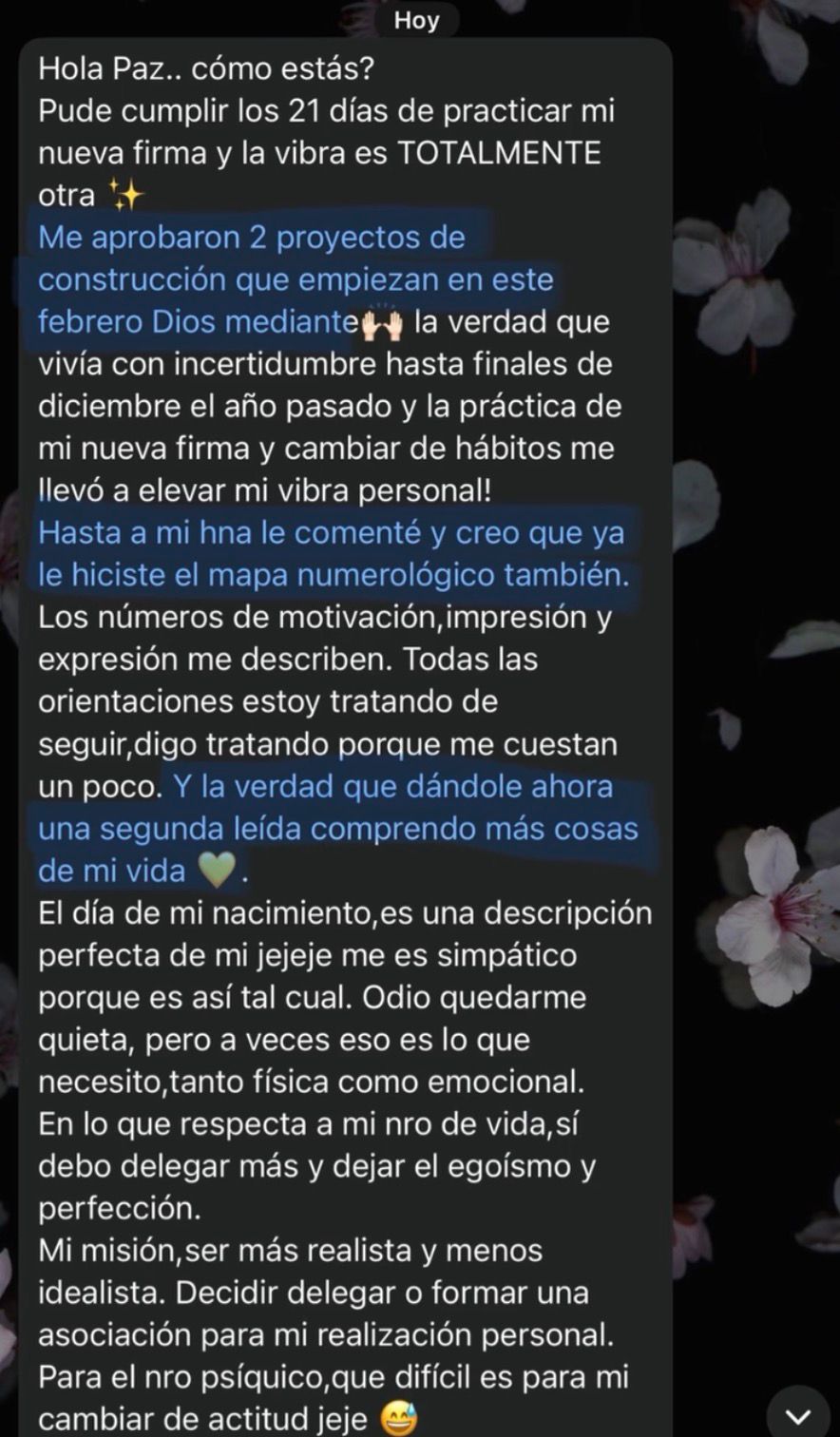 Testimonio de cliente sobre su experiencia con el estudio numerológico personal.