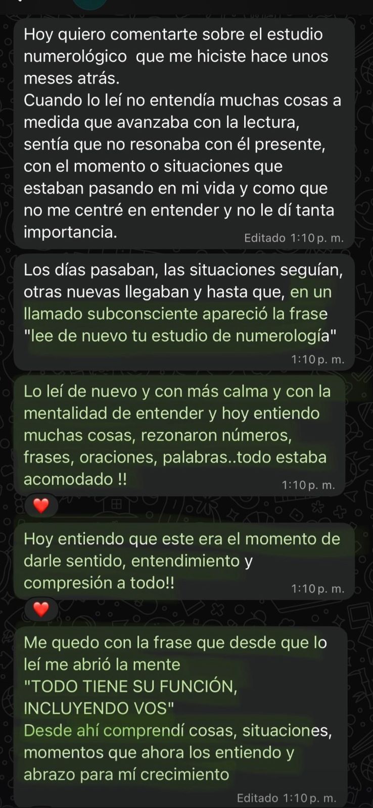 Testimonio de cliente sobre su experiencia con el estudio numerológico personal.
