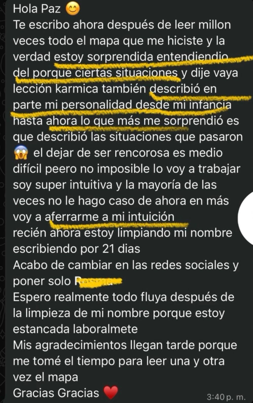 Testimonio de cliente sobre su experiencia con el estudio numerológico personal.